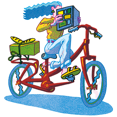 Illustration of a women riding a bike while engrossed in a guide book.