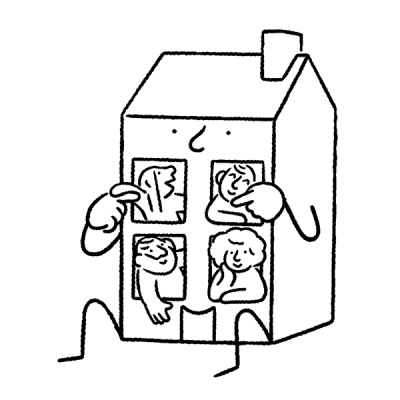 Illustration of a smiling hotel with people inside.