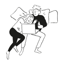 Illustration of a couple curled up in bed and sharing a laptop.