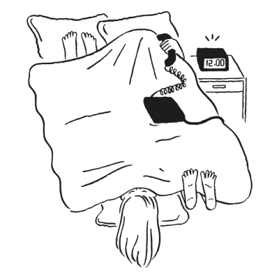 Illustration of two people sharing a bed, one answering the phone, the other woken by an alarm.