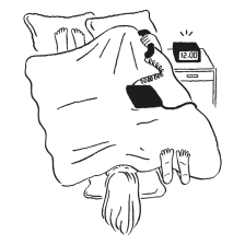 Illustration of two people sharing a bed, one answering the phone, the other woken by an alarm.
